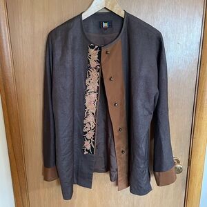 100% Raw Silk Brown Embroidered Chinese Tang Jacket Size XL